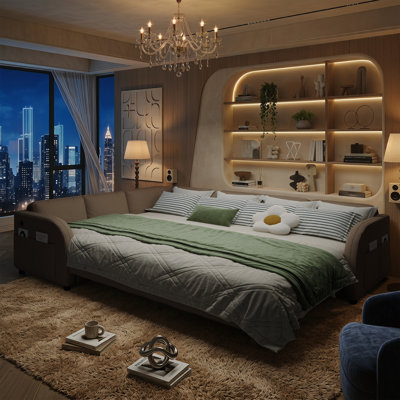 Canapé-lit modulaire convertible en forme de L à 6 places, lit escamotable surdimensionné en molleton Sherpa avec ports de chargement USB et poches de rangement latérales, méridienne réversible, canapé modulaire pour le salon