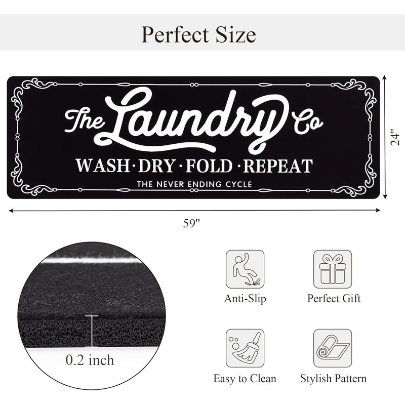 2'x5' Laundry Room Rug Farmhouse Washable Non Slip Kitchen Mat Runner Rug, Black