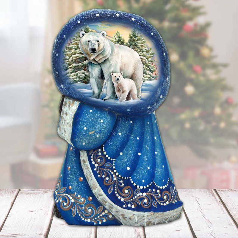 Wise Owl Santa With Bag Hand-Painted Wood Carved Masterpiece By G. Debrekht, Polar Bears