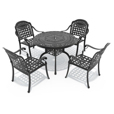 Ensemble de salle à manger rond de 100 cm (39,37 po) pour patio 4 personnes avec trou pour parasol, 4 chaises empilables avec coussins bleus