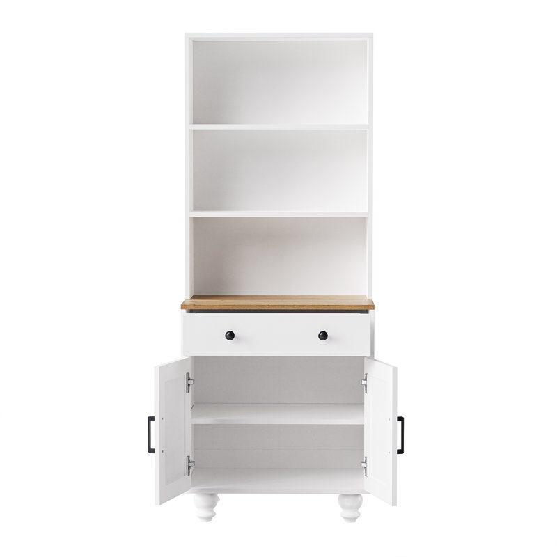 Farmhouse Storage Cabinet With 4 Solid Wood Gourd-Shaped Legs, Modern Kitchen Pantry Cabinet With Adjustable Shelves, 5 Tier Bookshelf With Drawer For Living Room