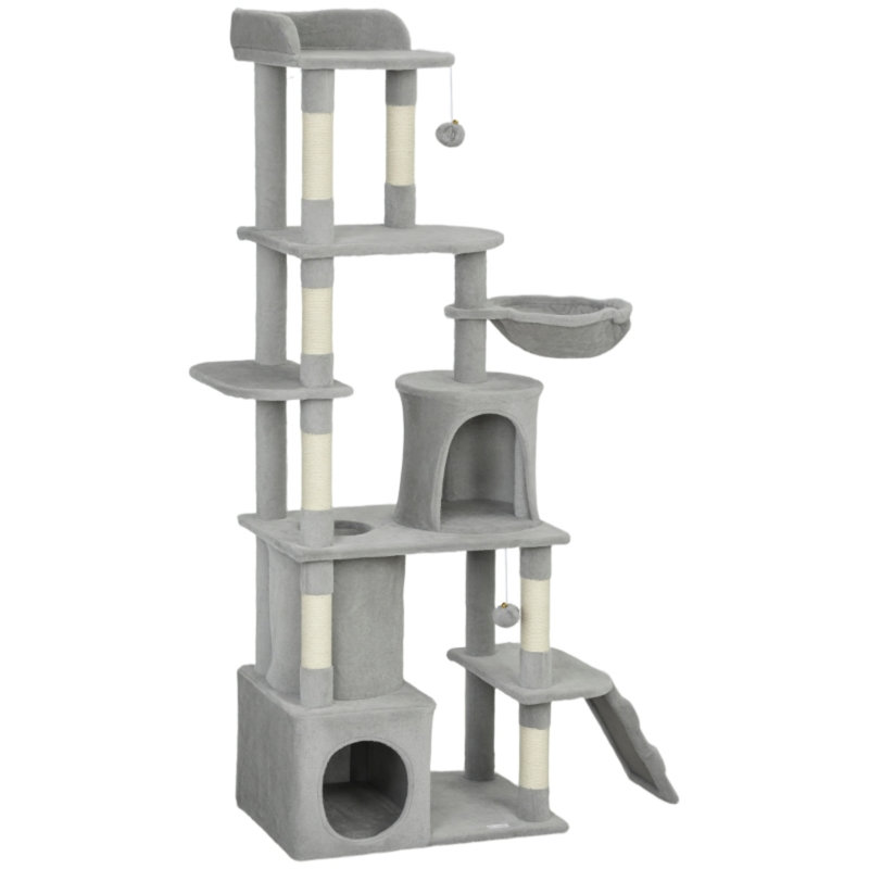 170?cm Large Multi-Level Cat Tree with 7 Scratching Posts, Tunnel, 2 Condos, Hammock, Perch, Ramp & Pompoms, Light Grey