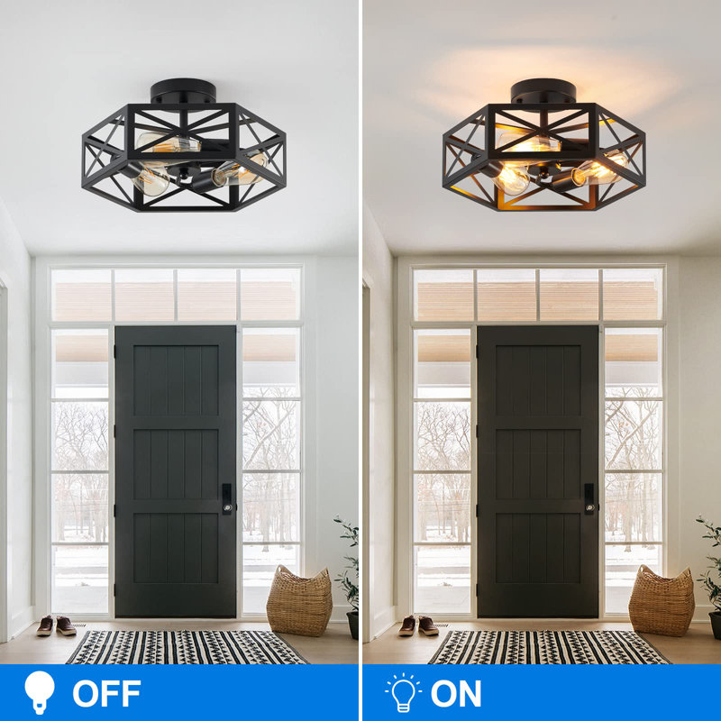 3 Light Hexagon Cage Flush Mount Ceiling Light Fixture, Black