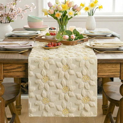 Plush Faux Fur Sunflower Table Runner – Beige – Spring Jacquard Embroidery Kitchen And Dining Table Décor