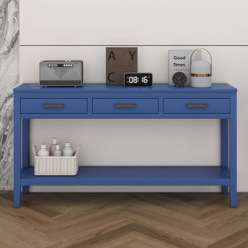 Console de 62,2 po avec 3 tiroirs, table d'entrée peinte avec tablette inférieure ouverte, canapé minimaliste, Marine