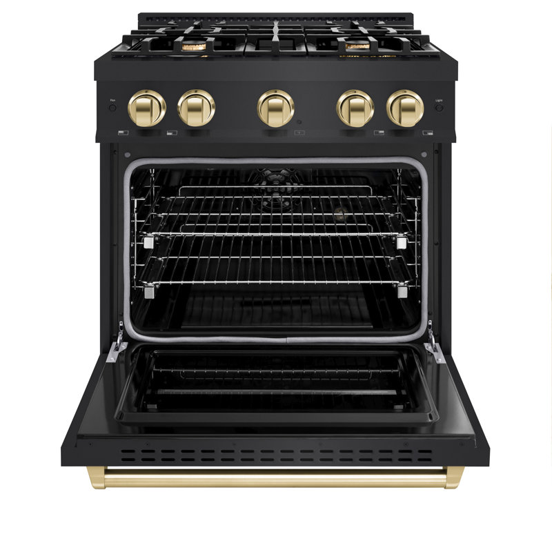 ZLINE Autograph 30" Classic Dual Fuel Range w/ 4 Burners & Matte Black Accents, Black Stainless Steel/Polished Gold