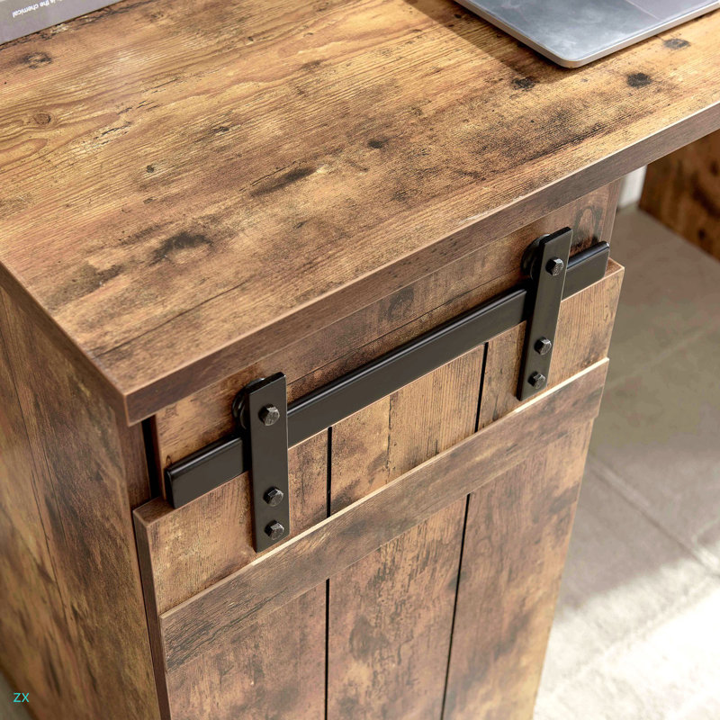 Home Office Desk Distressed Wood One Cabinet Three Shelves Faux Barn Door On Metal Euro Hinges Modesty Panel