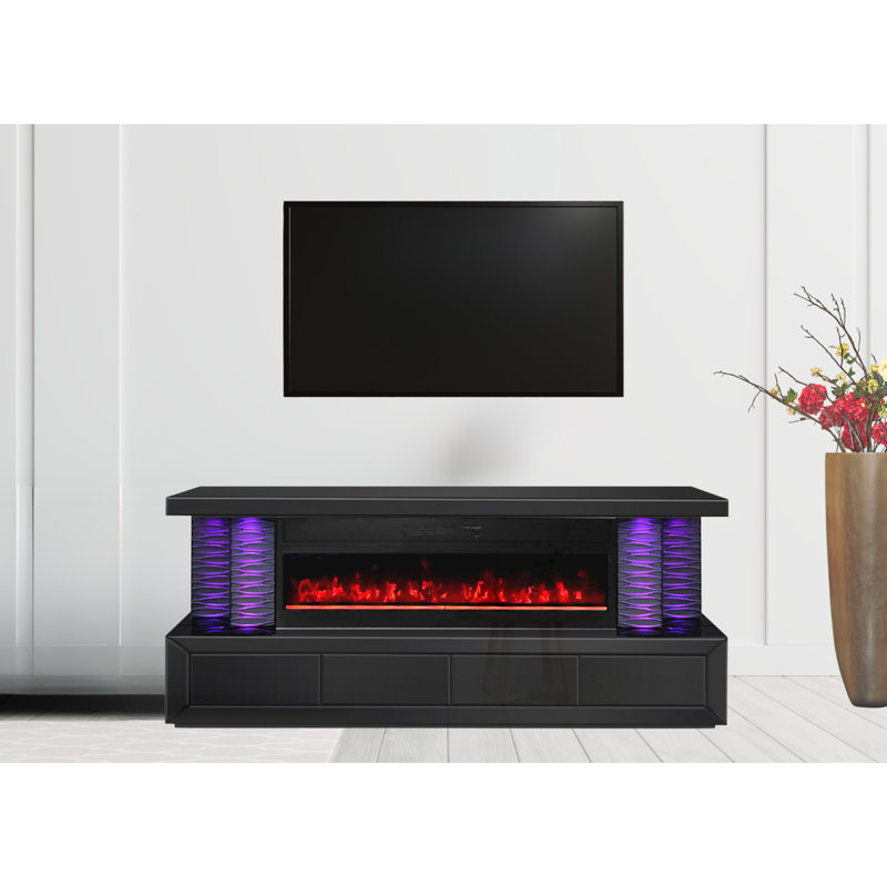 Meuble télé noir ultrabrillant / foyer électrique avec tiroirs, lumières à DEL RVB, haut-parleur Bluetooth, télécommande - aucun assemblage requis