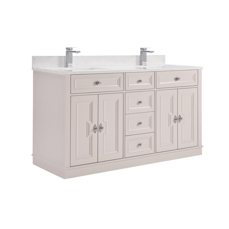 60" Solid Wood Sink Vanity With 1" Artificial Stone Top, Dreamy White, Polished Chrome
