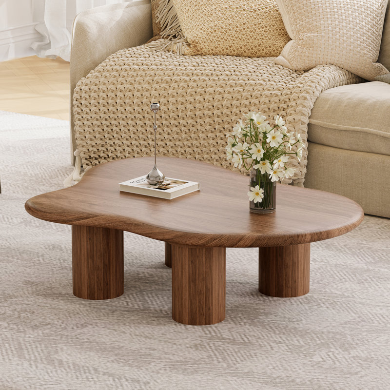 Modern Natural Style Coffee Table With Walnut Grain Free-Form Curved Tabletop And Four Cylindrical Legs
