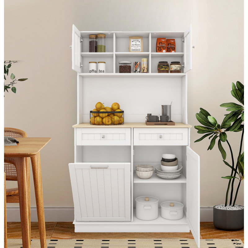 Tall  Storage Cabinet With 3 Adjustable Shelves, 2 Drawers And 1 Tilt Out Trash Cabinet