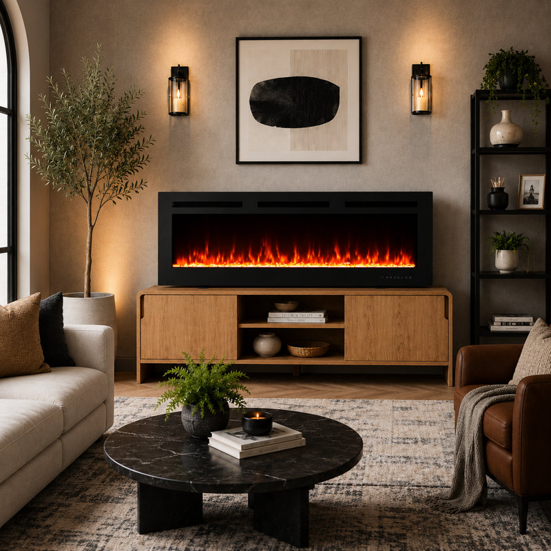 FLAMEKO Media Wall Electric Fire, Wall Mounted Fireplace, Winslow Black, 43.2cm H x 127cm W x 10.6cm D