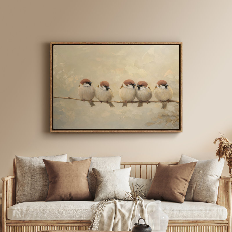 Art mural encadré, charmants moineaux assis sur une branche dans des tons neutres doux - 16 po x 24 po, 24 po x 36 po