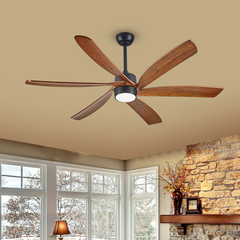 6 Blade Walnut Finish Solid Wood Ceiling Fan With Light, 72" Wide