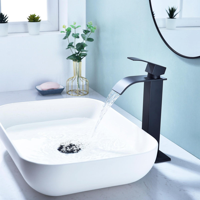 Single Handle Bathroom Vanity Sink Faucet with Waterfall Spout, Matte Black