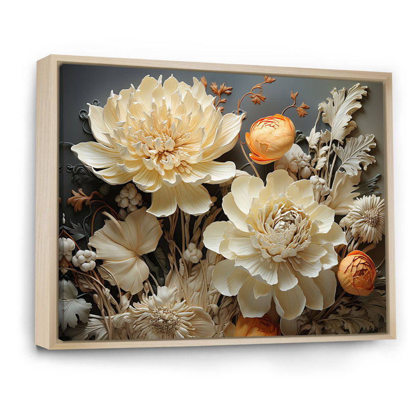 Ivoire floral complexe sur toile, H 16 po x l 32 po x P 1 po, Cadre naturel flottant