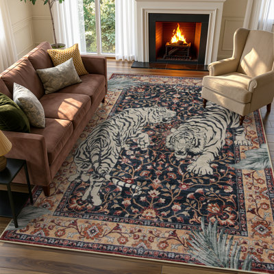 Goldene Vintage Tiger Navy Blue Washable Area Rug - Soft Cashmere Carpet for Living Room, Bedroom, or Office