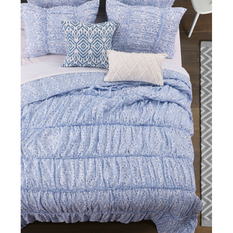 King Blue Microfiber Gathered Quilt Set