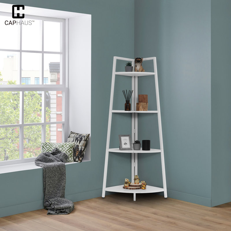 Tablette de coin haute, étagères de présentation à 4 niveaux, bibliothèque de rangement en bois pour échelle avec cadre en métal, bibliothèque polyvalente pour bureau à domicile, chêne rustique
