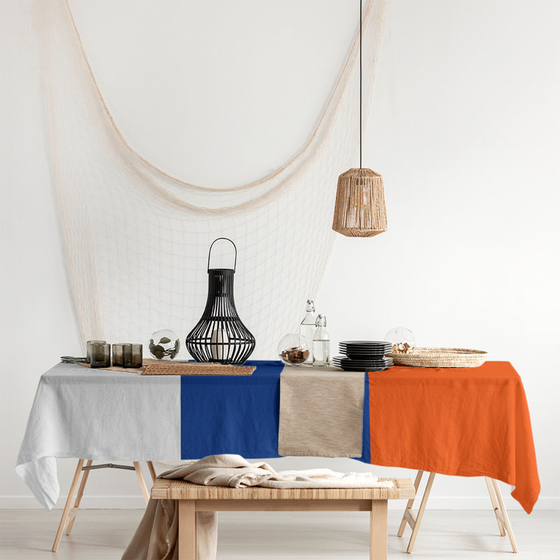 Chemin de table New York, Blanc / bleu royal / orange, Mélange de coton, 102 po x 58 po