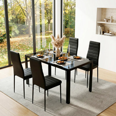 Ensemble de table de salle à manger 5 pièces pour 4 personnes, table de cuisine en verre trempé avec 4 chaises rembourrées en polyuréthane, ensemble de salle à manger à structure en acier peu encombrante pour la maison, la cuisine, la salle à manger et le petit espace (noir)