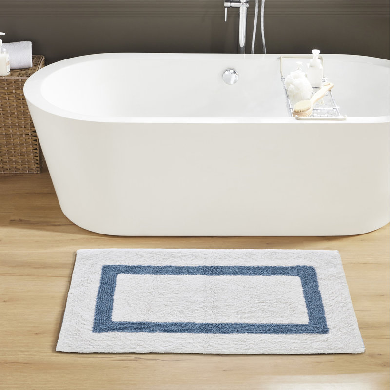 Tapis pour salle de bain réversible 100% coton Widman, Rectangle 24 po x 40 po, Blanc / bleu foncé