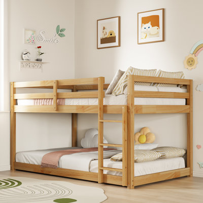 Solid Wood Low Bunk Bed, Twin Over Twin, Kids Bunk Bed with Built-in Ladder