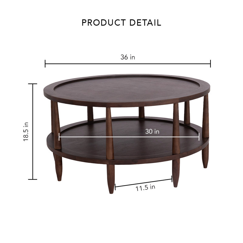 Essence Walnut Haze Solid Wood 2 - Tier Round Coffee Table with Storage Shelf