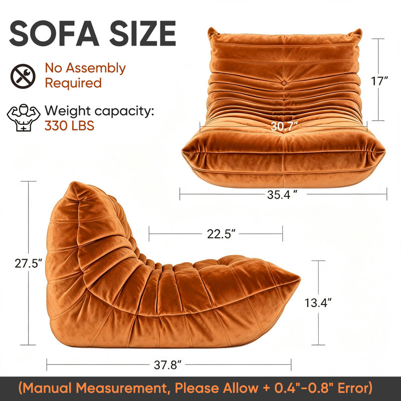 Fauteuil à billes sans accoudoirs Boneless Lazy, 35.4" x 37.8" x 27.5", Velours orange