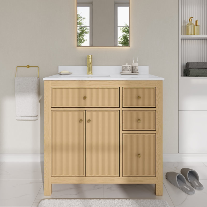 Pendry 36" Freestanding Single Bathroom Vanity with Quartz Top, Brushed Gold, White Quartz