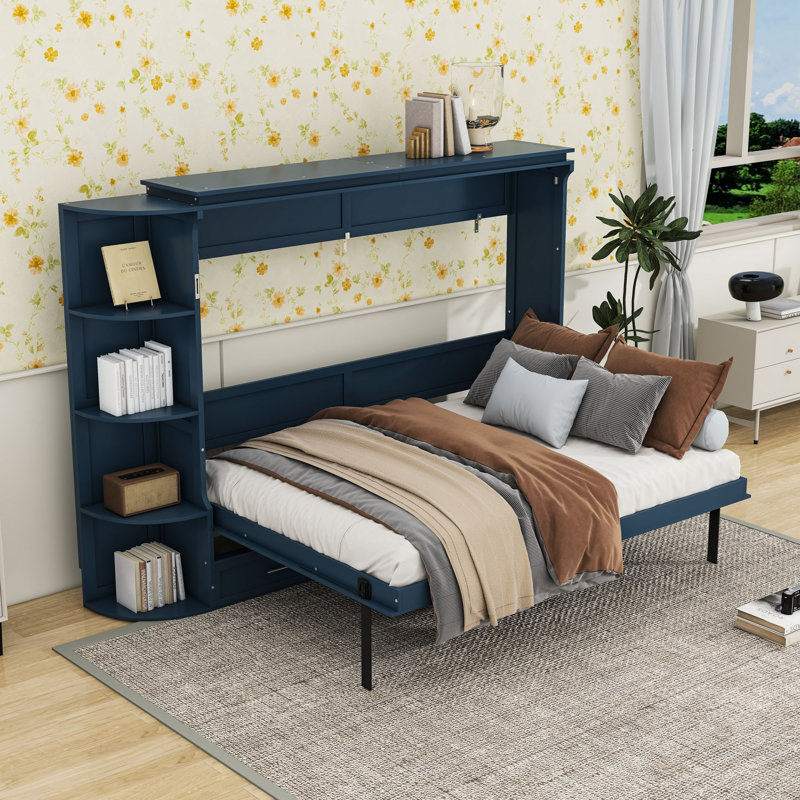Lit escamotable peu encombrant avec tablettes latérales et tiroirs, Lit double, Bleu