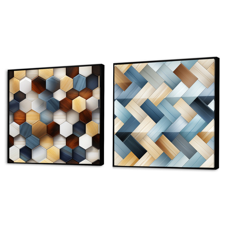 Hexagones orange et gris - Ensemble de 2 collages carrés à formes abstraites angulaires III, Cadre flottant noir