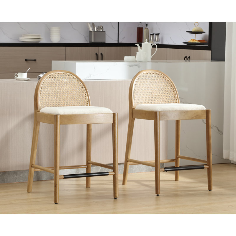 White and Natural Wood Counter Height Bar Stools with Rattan Backrests