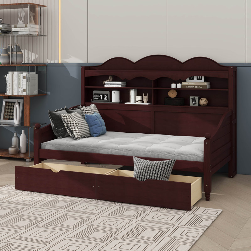 Lit de jour simple en bois avec tiroirs de rangement intégrés, tête de lit et tablettes de rangement, Espresso