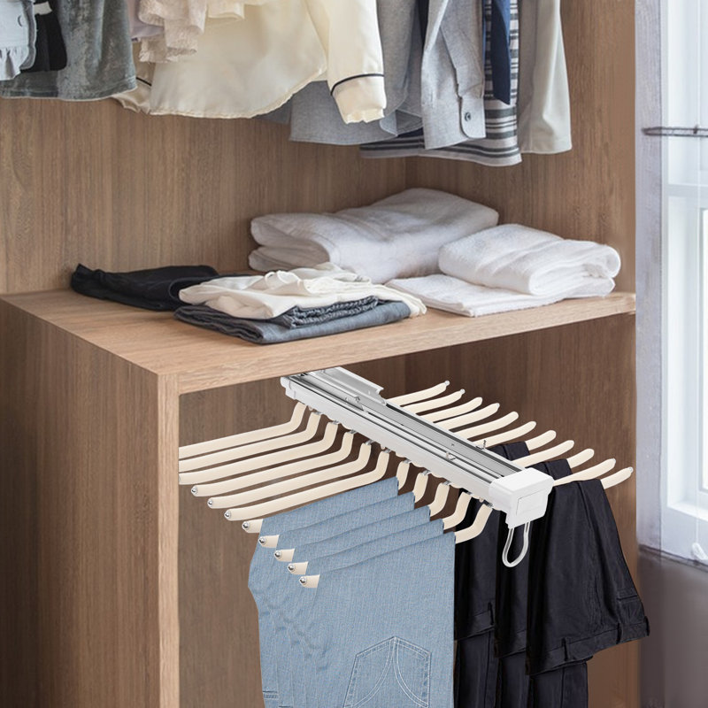 Pull-Out Double Row Pants Organizer with Sliding Rails Space-Saving Closet Pants Rack for Wardrobe Storage