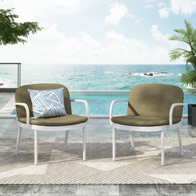 Fauteuil club d'extérieur en polypropylène Luna, structure blanche avec coussin vert, ensemble de 2