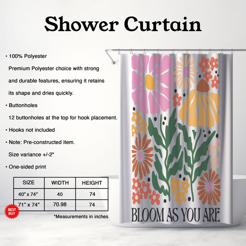 Rideau de douche 1 pièce Boho Petals, H 74 po x l 71 po