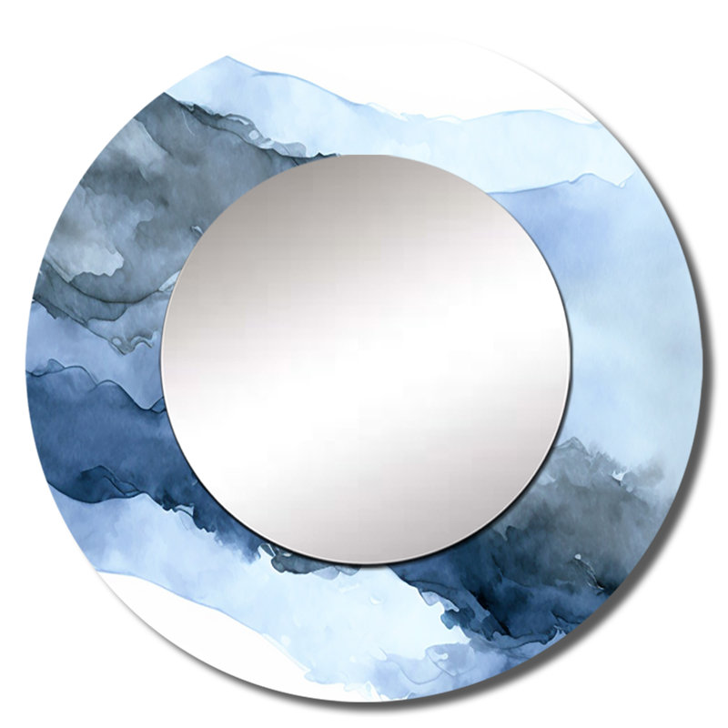 Sapphire Blue Nebula VII - grand miroir à encre liquide, miroir mural décoratif rond moderne, impression d'art en métal