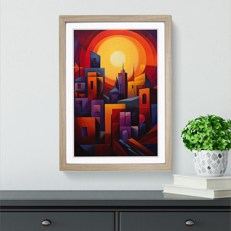 Sunset Cubism - Single Picture Frame Print on Wood, 64cm H x 46cm W x 2cm D, Oak