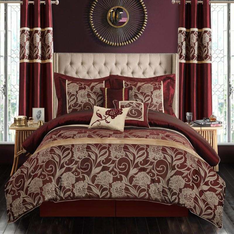 Mollybee 9 Piece Comforter Set, Édredon très grand californien + 8 pièces suppl, Rouge/doré