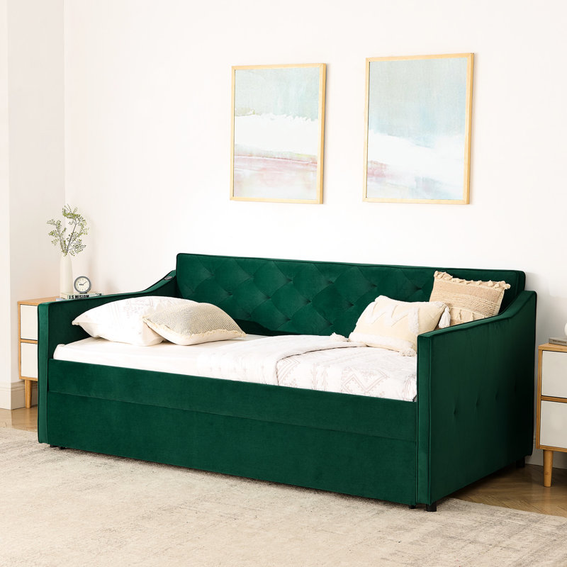 Lit de jour simple avec lit gigogne escamotable et fonction de charge, style Mid-Century, conception à boutons, accoudoirs ondulés, cadre en contreplaqué escamotable sur les accoudoirs, dossier élégant, cadre, convient à la chambre à coucher