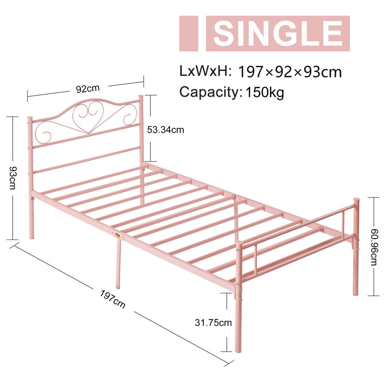 Single Size Metal Bed Frame with Heart Headboard, Modern Platform Bed with Footboard, Steel Slat Support, No Box Spring Needed, Easy Assembly (Set of 2)