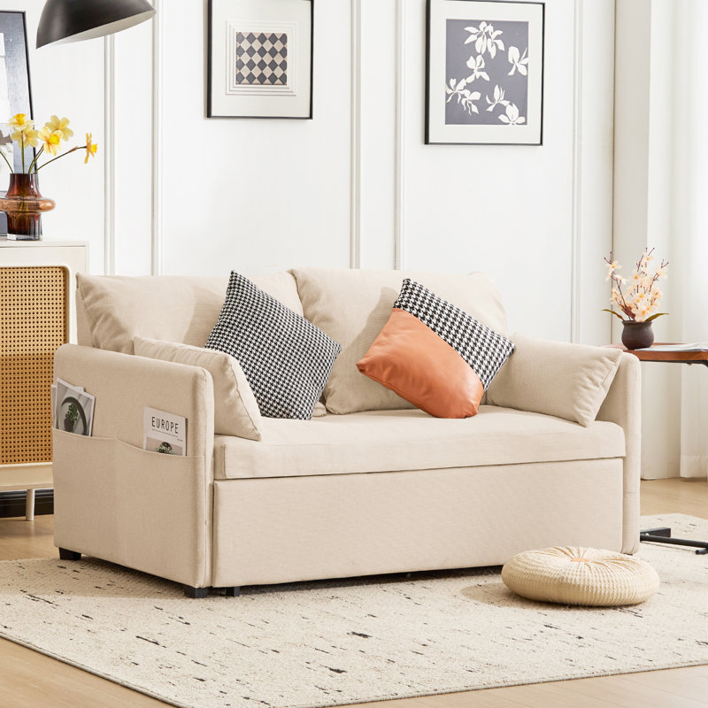 61.75" Queen Size 3 in 1 Convertible Sleeper Sofa with 6-Position Adjustable Backrest & Side Pockets for Living Room, Apartment.