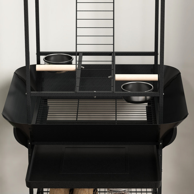 Socle à oiseaux gris foncé avec roulettes - support, bols en acier inoxydable, plateau coulissant, stable pour les perroquets, petites roues de perroquet, perchoirs de loisirs, support