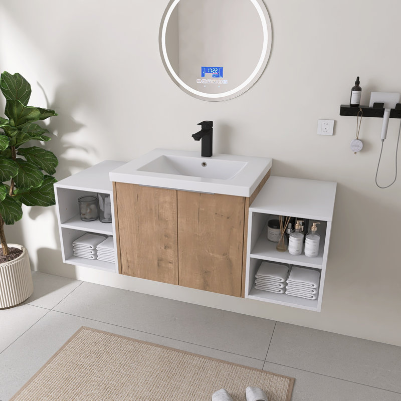 Ensemble de meuble-lavabo mural simple 48 po avec lavabo en résine Acorn et deux petites tablettes de rangement, Beige, 48
