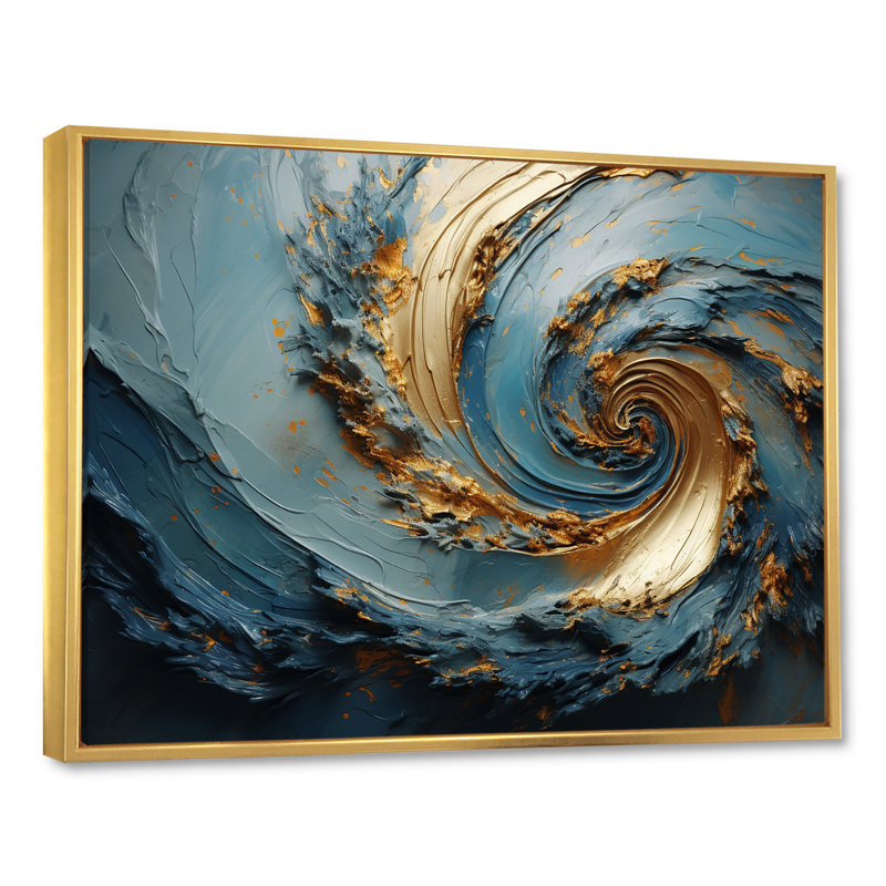 Vortex doré et bleu - art abstrait sur toile, H 34 po x l 44 po x P 1,5 po, Cadre flottant doré