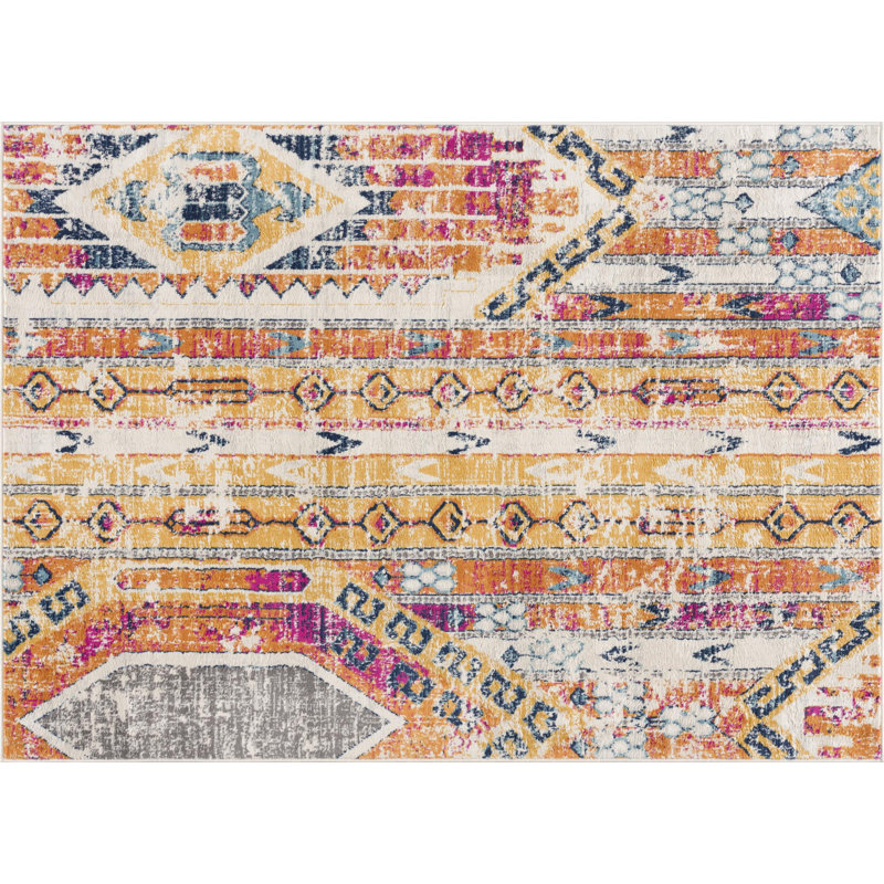 2' X 3' Yellow and Ivory Southwestern Distressed Area Rug