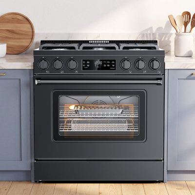 Cuisinière à gaz 36 po avec friteuse et nettoyage à la vapeur Tittla, 6 brûleurs, four à convection de 6,0 pieds cubes - Noir