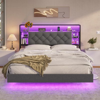 Lit flottant avec rangement et bibliothèque avec station de charge et lumières DEL RVB