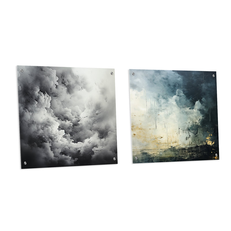 Minimalisme gris ciel tempête - ciel acrylique ensemble d'art mural en verre de 2, H 16 po x l 33 po